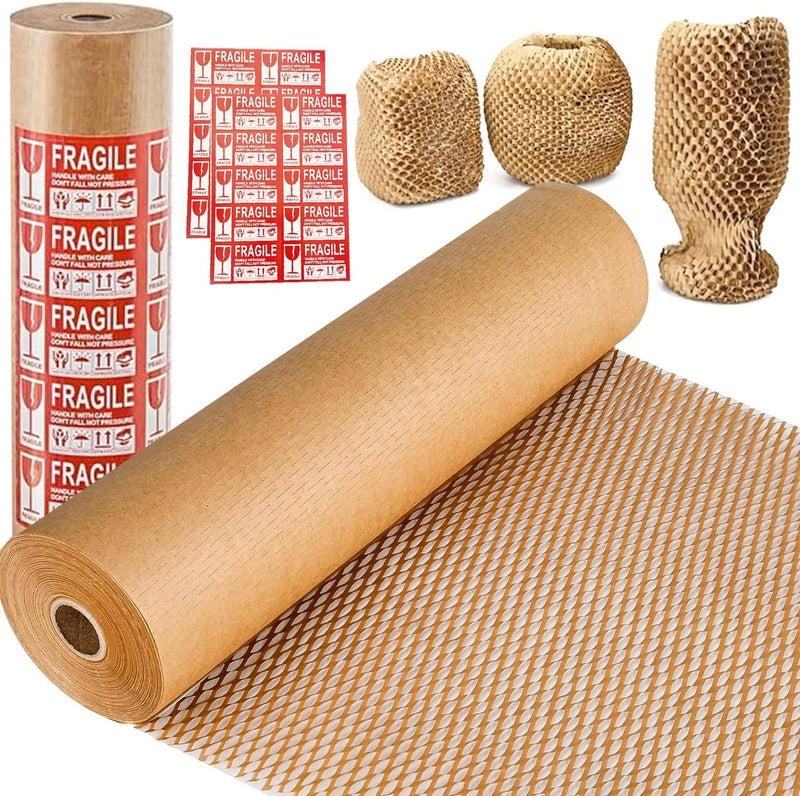 MIVERYEA Honeycomb Packing Paper, 15"x300' Eco Friendly Packing Materials for Shipping Breakable Recyclable Moving Supplies Paper Bubble Wrap Sheets Roll with 20 Fragile Sticker Labels - Image 1